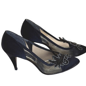 Stuart Weitzman Black Satin Beaded Mesh Heels Pumps